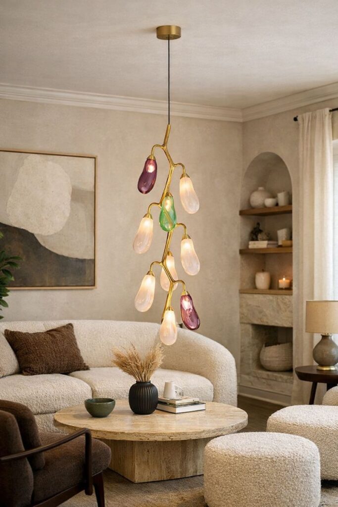 Suspended long hanging for soft illumination by glitteron lights