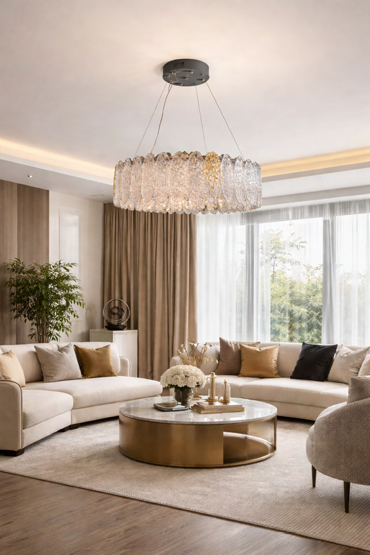 Luxury circular crystal chandelier for luxury living spaces